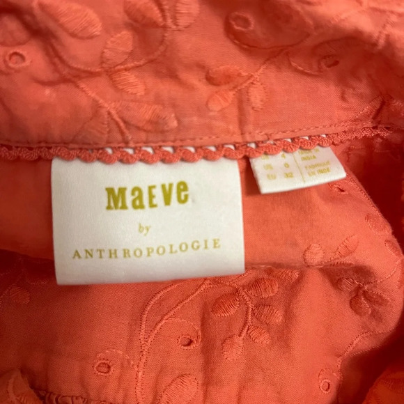 Anthropologie Maeve Guayabera Embroidered Eyelet Coral Short Sleeve Size 0 - Picture 4 of 5